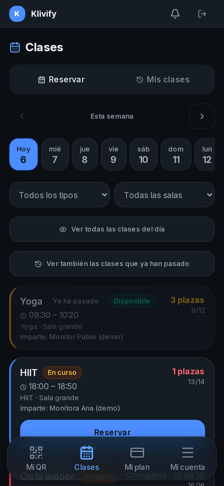Las clases de hoy en la app del socio, para reservar (gimnasio de demostración)