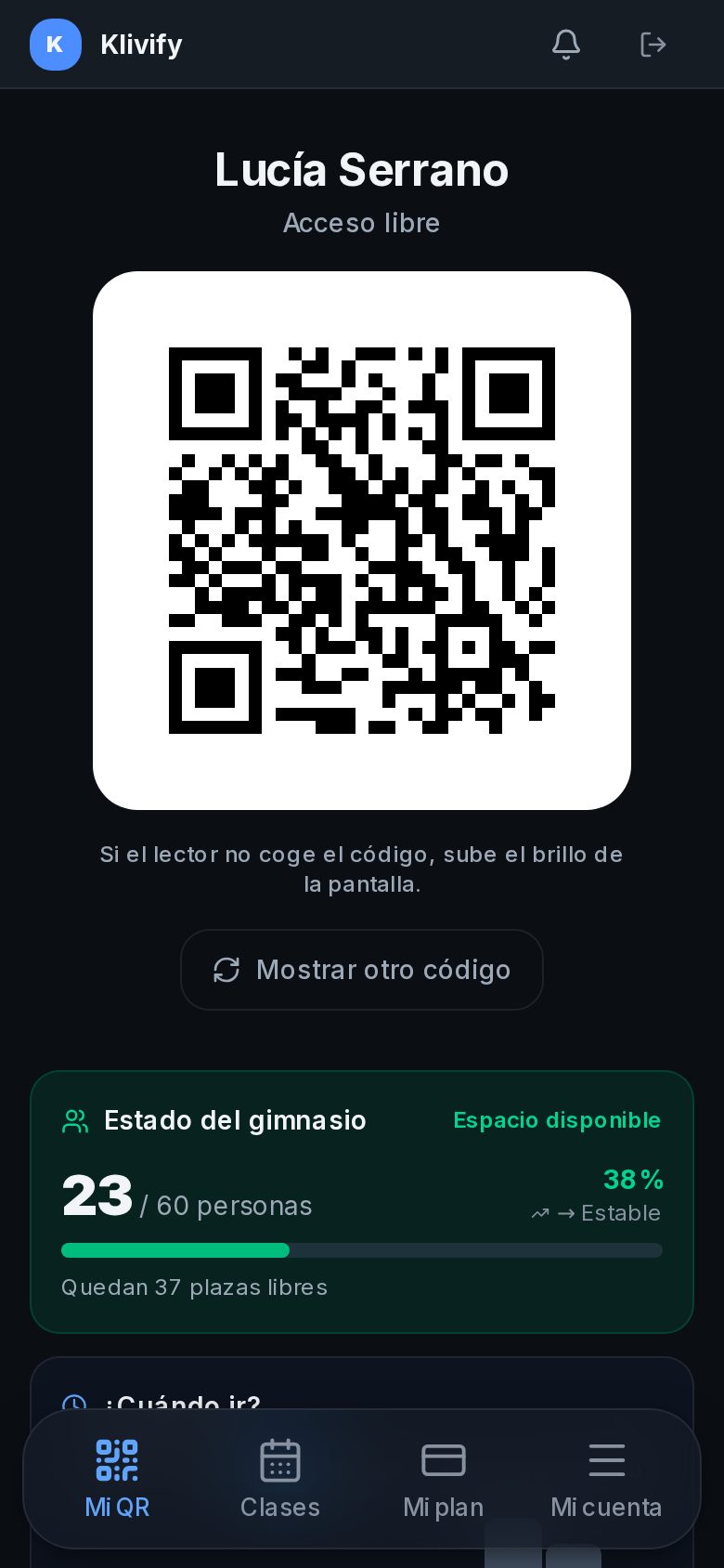 La app del socio con su QR de entrada (gimnasio de demostración)